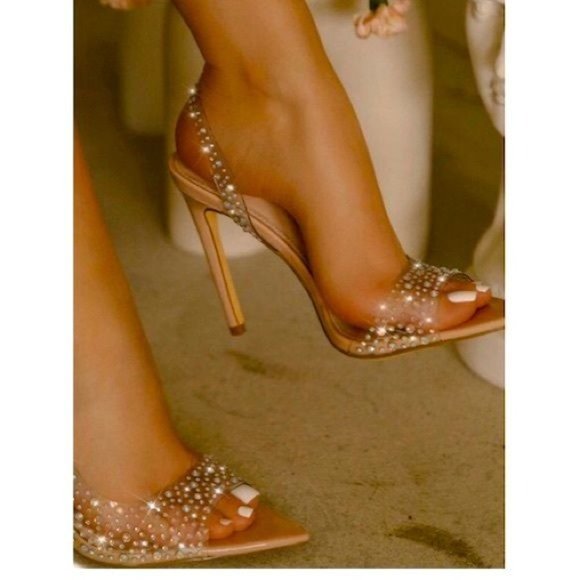 !! NEW !! Transparent Slingback Peep Toe Embellished Heels in Nude - Picture 5 of 6
